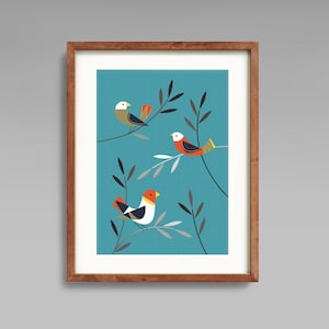 Impresión de arte de mediados de siglo, arte de pared modernista, arte moderno de mediados de siglo, arte de aves, decoración botánica para el hogar, arte moderno