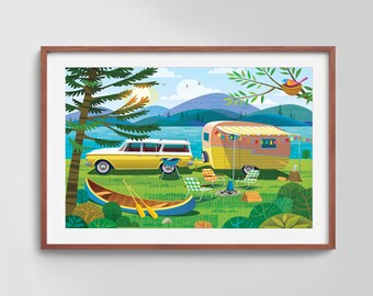 Mid Century Modern Wall Art , Vintage Camper Art, Classic Car Art, Retro Camper Art, Canned Ham Trailer, Camping