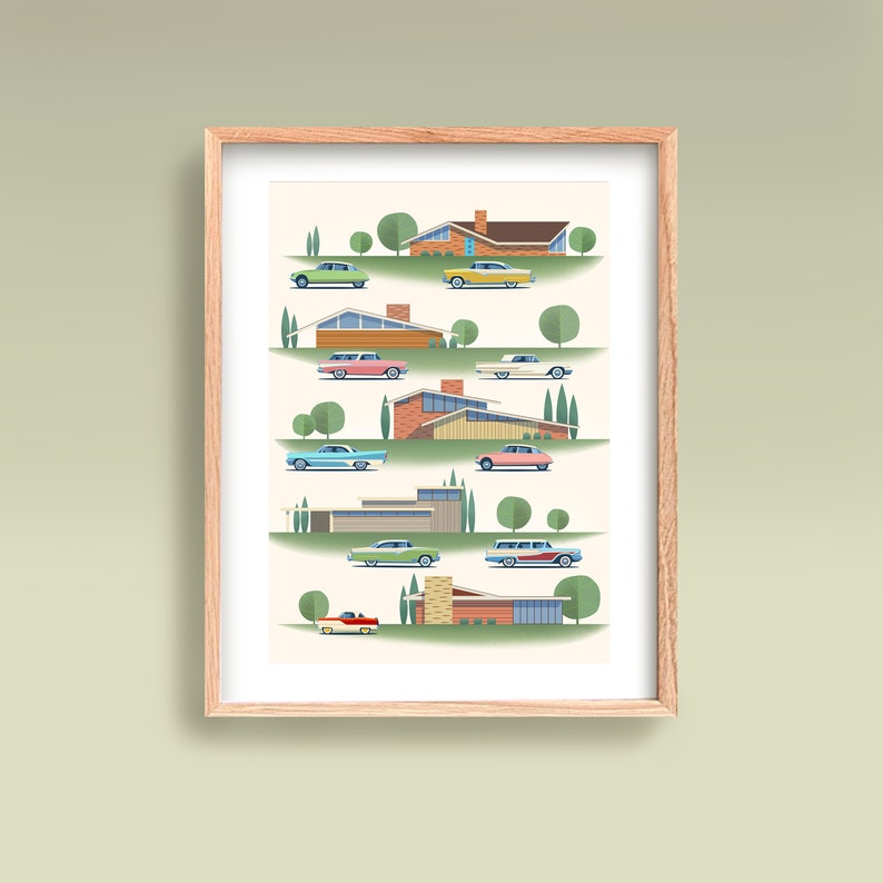 May include: A framed illustration of a mid-century modern neighborhood with colorful houses and cars. The houses are in various styles, including ranch, split-level, and contemporary. The cars are all classic American models from the 1950s and 1960s.