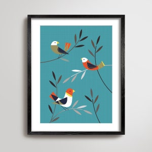 May include: Three stylised birds perched on branches against a teal blue background. The birds are red, white and black, and the branches are brown and grey.