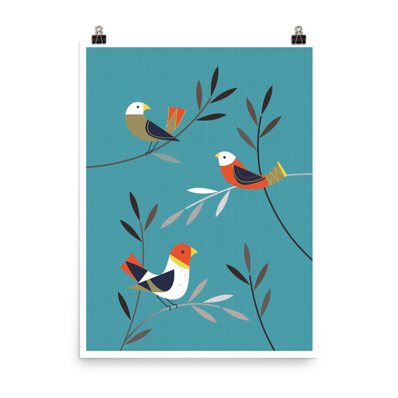 May include: Three stylised birds with red, white and yellow accents perched on branches against a teal blue background.
