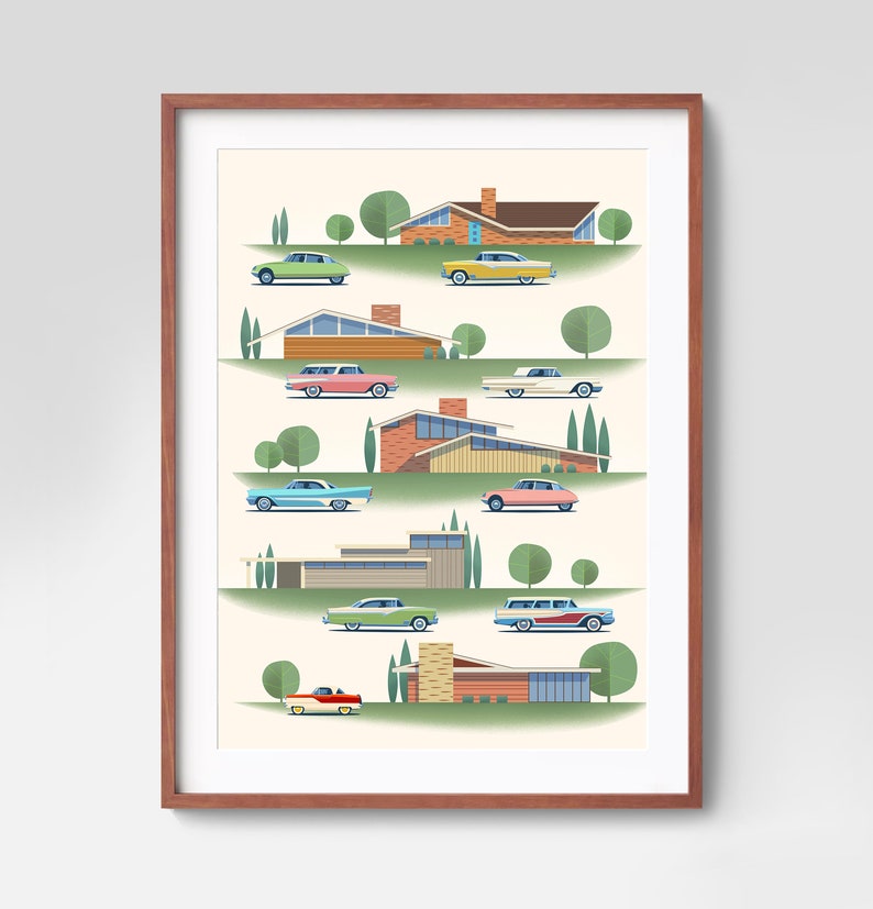 May include: A mid-century modern illustration featuring colorful houses and cars. The houses are in various styles, including ranch, split-level, and contemporary. The cars are all classic American models from the 1950s and 1960s.
