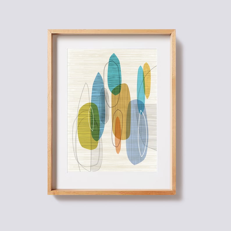 May include: Abstract art print with a white background and overlapping shapes in shades of blue, green, yellow, and orange. The shapes are outlined in black and have a textured appearance.