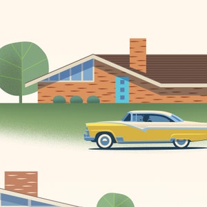 May include: A yellow and white vintage car parked in front of a mid-century modern house with a brown roof and a blue door.