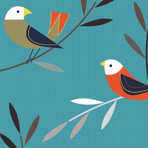 May include: Two stylised birds perched on branches with leaves. The bird on the left is brown with a white head and a red tail. The bird on the right is orange with a white head and a black and yellow stripe.