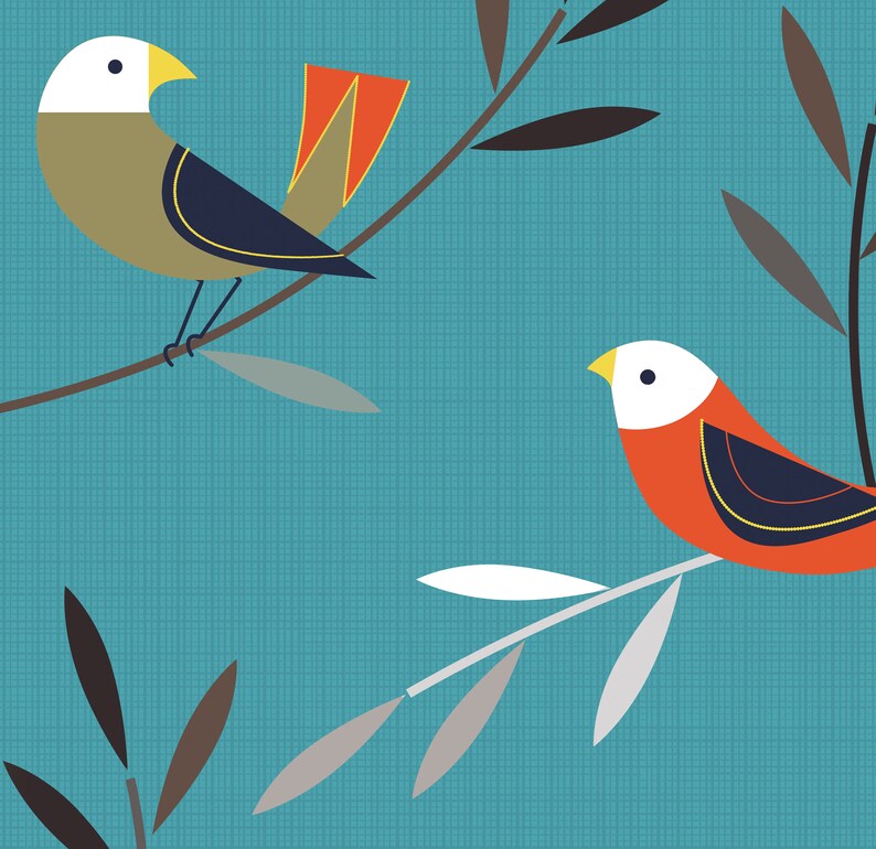 May include: Two stylised birds perched on branches with leaves. The bird on the left is brown with a white head and a red tail. The bird on the right is orange with a white head and a black and yellow stripe.