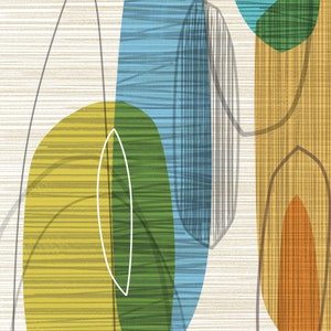 K&ouml;nnte beinhalten: Abstrakter Kunstdruck mit &uuml;berlappenden geometrischen Formen in Blaut&ouml;nen, Gr&uuml;n, Gelb und Orange. Die Formen sind schwarz umrandet und haben ein strukturiertes, gestreiftes Muster.