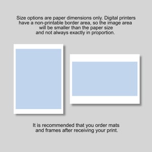 May include: Two light blue rectangular frames with white borders. The text reads: "Size options are paper dimensions only. Digital printers have a non-printable border area, so the image area will be smaller than the paper size and not always exactly in proportion. It is recommended that you order mats and frames after receiving your print."