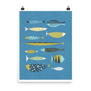 May include: A blue background with a pattern of stylized fish in various colors, including blue, yellow, and white. The fish are arranged in a vertical pattern, with the largest fish at the bottom and the smallest fish at the top.
