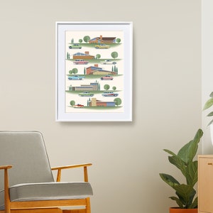 May include: A framed illustration of a mid-century modern neighborhood with houses and cars in various colors. The houses are all different styles, but they all have a similar aesthetic. The cars are all classic American cars from the 1950s and 1960s.
