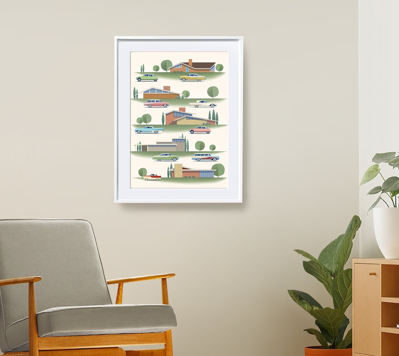 May include: A framed illustration of a mid-century modern neighborhood with houses and cars in various colors. The houses are all different styles, but they all have a similar aesthetic. The cars are all classic American cars from the 1950s and 1960s.