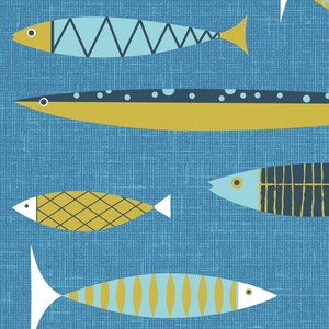 May include: Five stylized fish illustrations on a blue textured background. The fish are in various sizes and shapes, with yellow, blue, and black accents.