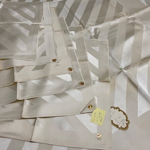 MCM Vintage Card Table Linens Set NOS Labels from Belgium Hand Hemmed 45&quot;x45&quot; Tablecloth + 6 Napkins 18&quot;x18&quot; Diagonal Beige Stripes