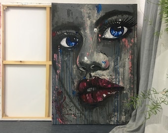 Original picture acrylic painting portrait face woman abstract woman portrait handmade painting expressive female blue eyes decoration