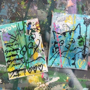 Original Bild Comic Cat 13x18 2er Set Katze Kater Graffiti Collage handmade abstract unique colorful Painting Wanddeko türkis gelb bunt