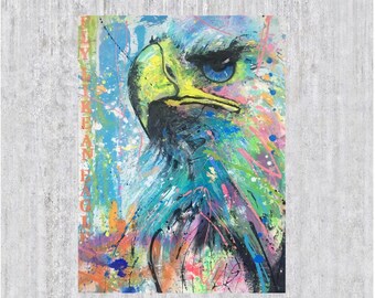 Original acrylic painting of an eagle - hand-painted unique piece, bird of prey, wall art, wall decoration, handmade art, graffiti style, 70 x 100 cm