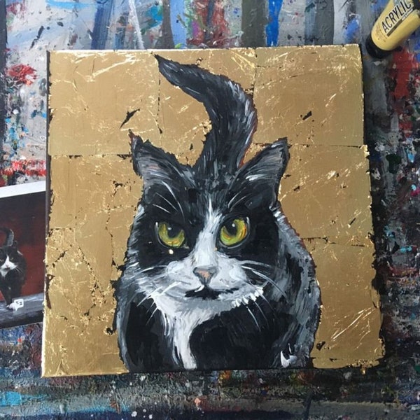 Original Bild Acryl Gemälde Katze Kater Cat Katzenportrait Katerkopf Diego Schlagmetall Gold Wanddeko Tomcat Tierbild Wandbild handgemalt