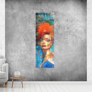 Original picture acrylic painting face woman face beauty face girl red hair hand painted abstract mural handmade art colorful collage