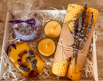 Lavendel cadeauset, Moederdag, natuurlijke bijenwaskaars, geurkaars, uniek cadeau,