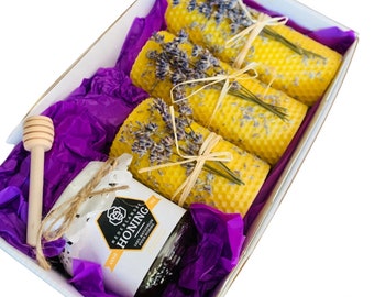 Luxe cadeauset met pure honing, lavendel bijenwaskaars