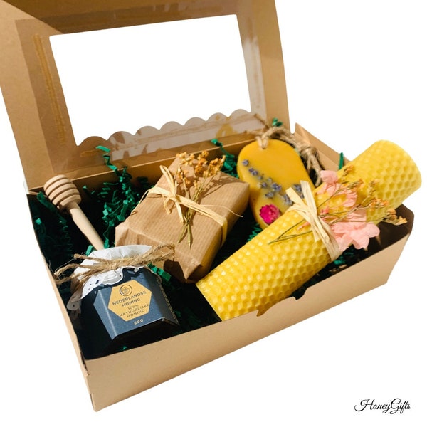 Honig Geschenk-Set gefüllt mit Wachs-Kerze, Wachs-Säckchen, Bienenwachs-Kerze, Honig-Kerze, Blüten-Honig