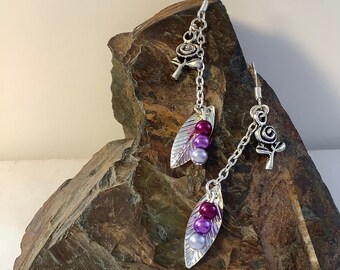 Earrings leaves - silver and purple