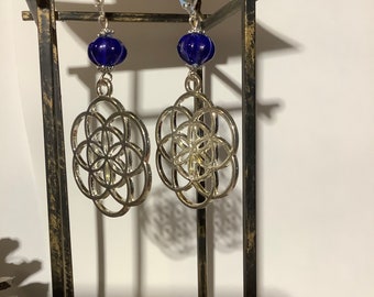 Earrings life flower and blue pearl