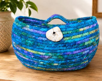 Coiled Rope Basket, Dark Turquoise Hanging Basket, Fabric Bowl, Entryway Catchall, Bathroom Organizer