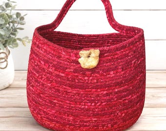 Large Red Hanging Coiled Rope Basket, Handmade Wall Basket, Entryway Catchall