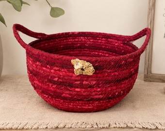 Handmade Coiled Rope Basket, Red Fabric Bowl, Kitchen Catchall