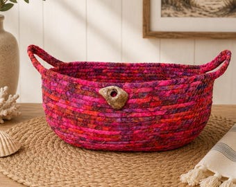 Coiled Fabric Rope Basket, Pink Orange Purple Blend, Natural River Stone Accent, Catchall Bowl