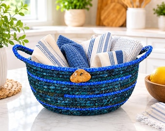 Blue Coiled Rope Basket – Handmade Fabric Bowl, Catchall Organizer