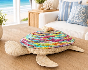 Handmade Sea Turtle Coiled Rope Basket with Lid, Coastal Seashell Decor Holder