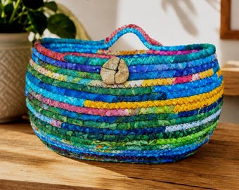 Coiled Rope Basket, Fabric Bowl, Colorful Hanging Basket, Entryway Organizer