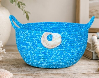 Coastal Rope Basket, Handmade Fabric Basket, Bathroom Counter Organizer, Kitchen Centerpiece, Front Porch Decor