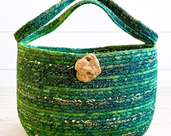 Coiled Rope Basket With Handles, Green Fabric Basket, Handmade Wall Organizer, Entryway Catchall