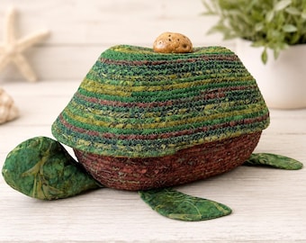 Handmade Batik Cotton Rope Turtle Basket – Eyeglass Remote Holder, Natural Stone Lid