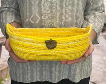 Oval Coiled Rope Basket, Handmade Fabric Basket with handles, Yellow Entryway Catchall