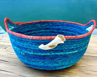 Blue Coral Coiled Rope Basket, Beachy Catchall, Coffee Pod Holder