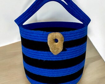 Large Coiled Rope Storage Basket with Handles, Handmade Fabric Tote, Natural River Stone Added