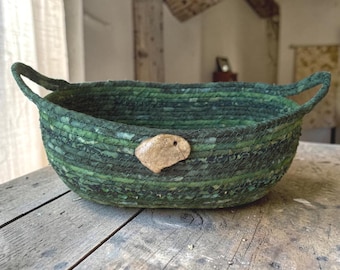 Handmade Coiled Rope Basket with Handles, Green Fabric Bowl, Decorative Catchall
