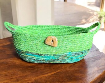 Coiled Rope Basket, Handmade Green Fabric Bowl, Kitchen or Entryway Organizer