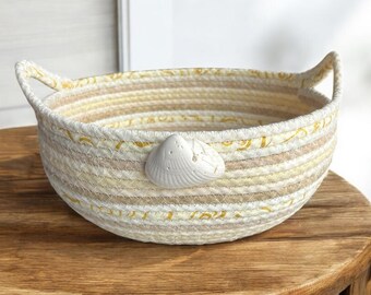 Medium Coiled Rope Basket – Handmade Oval Fabric Storage, Beachy Colors with Natural Seashell