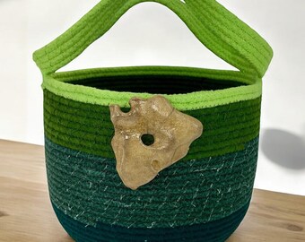 Large Coiled Rope Storage Basket with Handles, Handmade Fabric Tote, Natural River Stone Added
