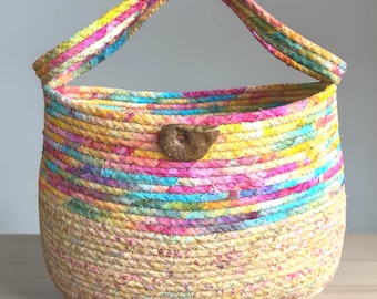Large Coiled Rope Storage Basket with Handles, Handmade Market Basket, Wall Organizer