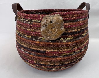Brown Basket, Coiled Rope Basket, Handcrafted, Basket with Handles, Storage