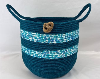 Large Teal and White Coiled Rope Basket, Basket with Handles, Handcrafted, Fabric Basket, Gift for Her
