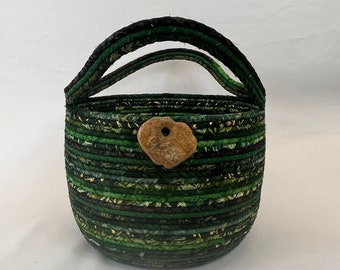 Large Green Basket, Coiled Rope Basket, Fabric Basket, Tote Bag, Handcrafted, Gift for Her, Basket with Handles