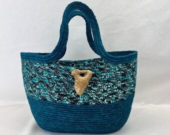 Large Teal Coiled Rope Basket, Handbag, Tote, Fabric Basket, Handcrafted, Gift for Her