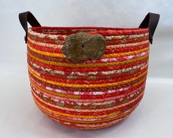 Orange Basket, Coiled Rope Basket, Coiled Fabric, Handcrafted, Storage